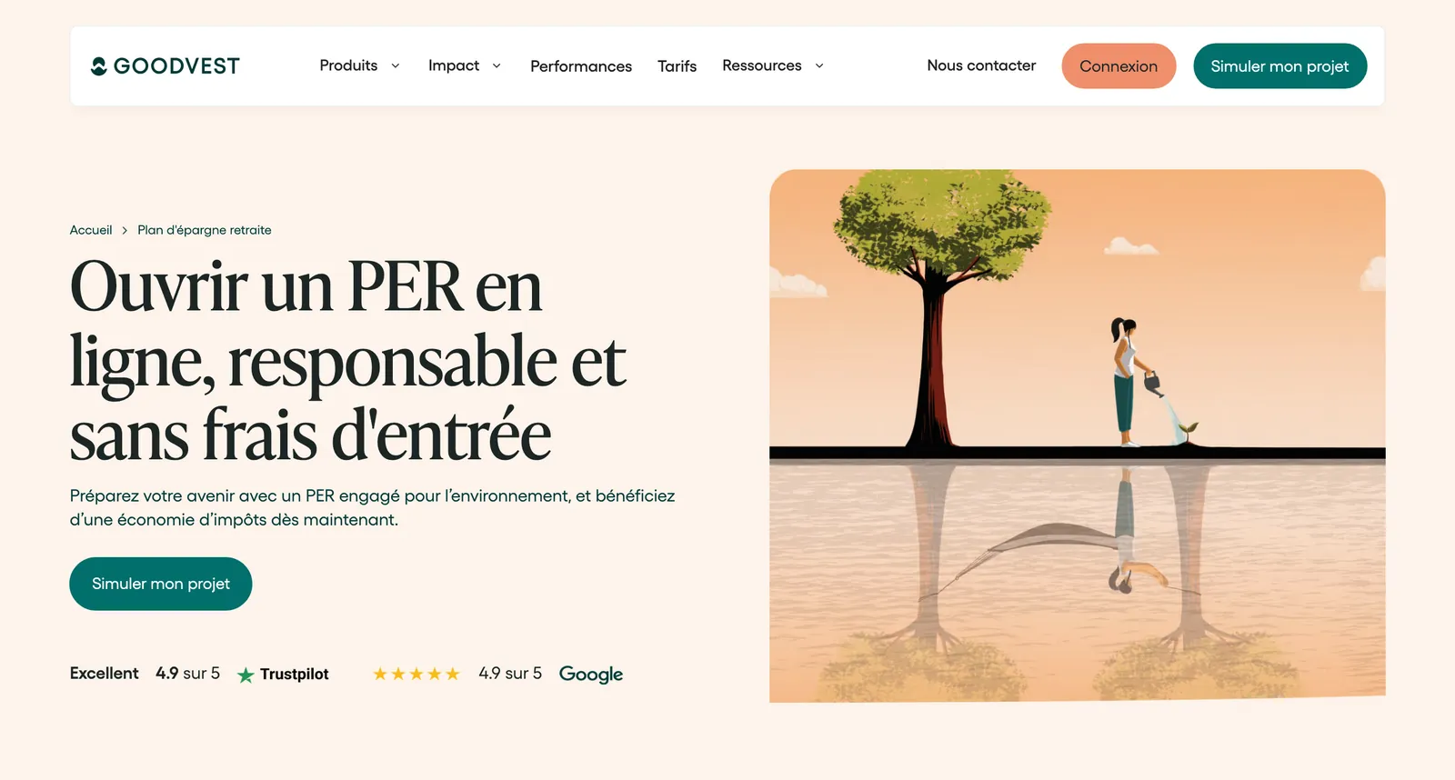 Site de Goodvest : « Ouvrir un PER en ligne, responsable et sans frais d'entrée »