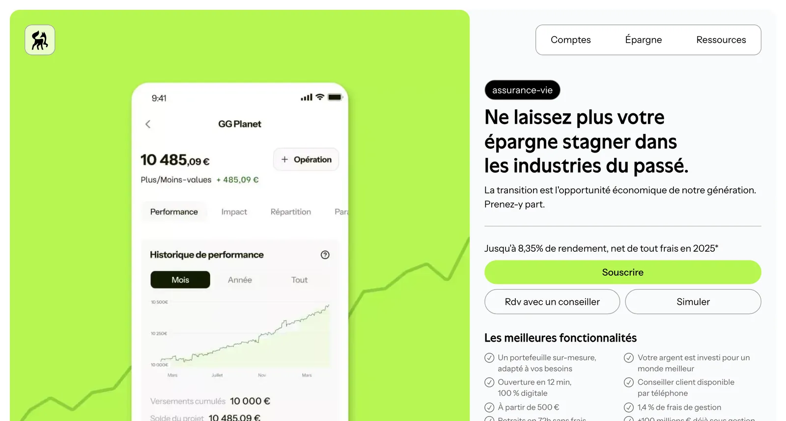 Site de Green-Got : « Ne laissez plus votre épargne stagner dans les industries du passé. »