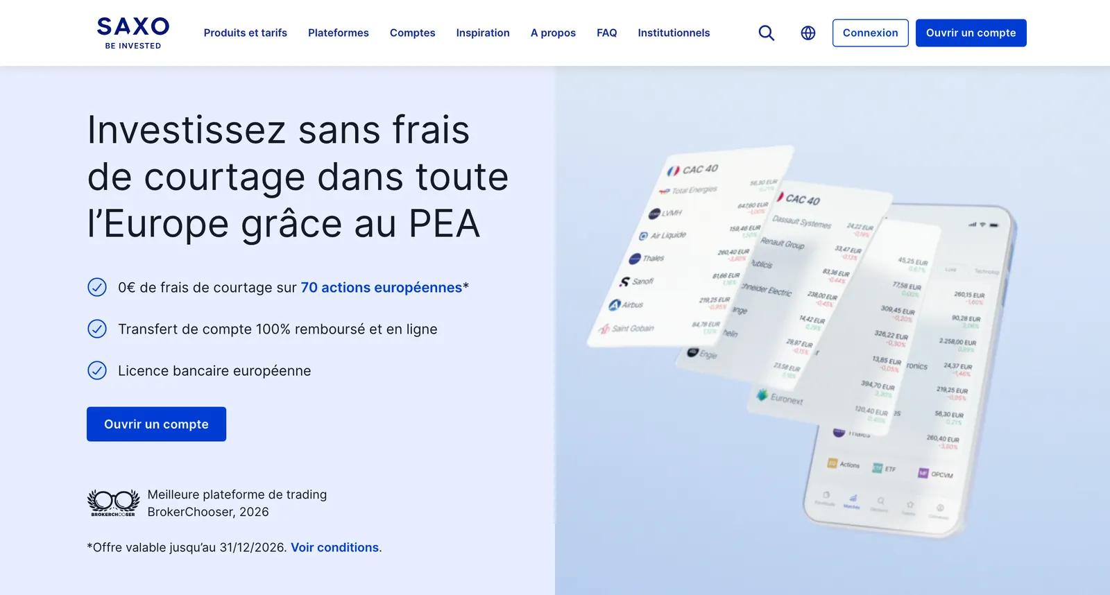 Site de Saxo : « Investissez sans frais de courtage dans toute l’Europe grâce au PEA »